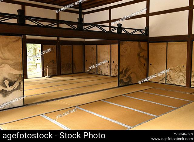 The interior of the Kuri, the main building of Ryoanji temple, Kyoto, Honshu, Japan, Asia
