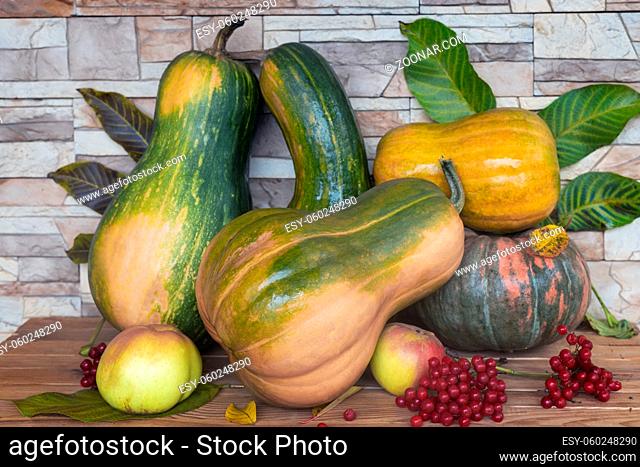 On the table among the autumn leaves are ripe pumpkins of various varieties, apples, viburnum berries. Front view, close-up