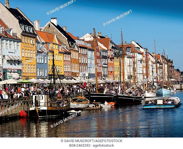 Yachts and traditional boats in the Nyhavn harbour area, Copenhagen, Denmark