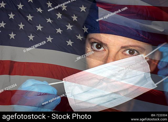 Doctor or nurse wearing medical face mask and scrubs with ghosted american flag