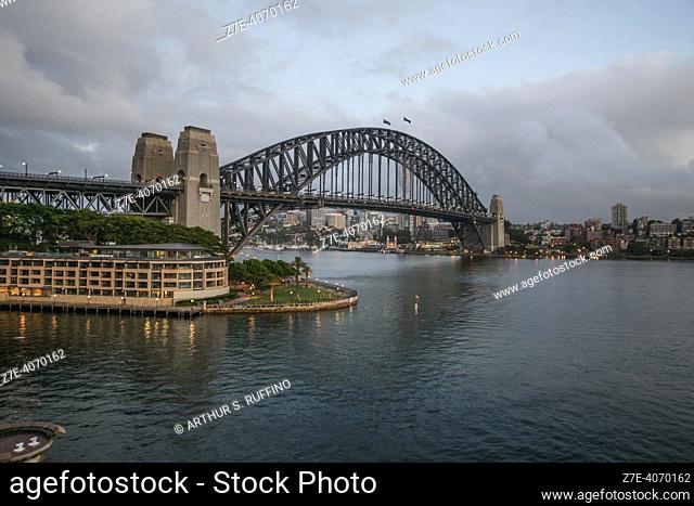 Harbour Bridge, early morning. View from cruise ship. Sydney Harbour, Sydney, New South Wales, Australia