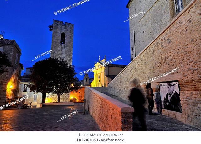 View of Picasso museum, Chateau Grimaldi and cathedral in the evening, old town of Antibes, Cote d'Azur, South France, Europe