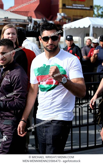 Amir Kahn and Canelo Alvarez seen with Oscar De La Hoya at Universal studios where they came to promote their next fight on television show 'Extra'