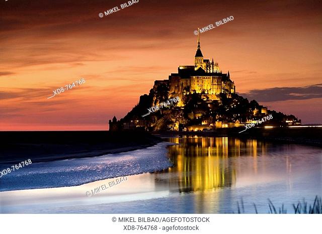 St Michael's Mount and its Bay at sunset, Manche Department, Basse-Normandie region, Normandy, France, Europe (july 2008)