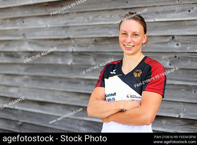16 June 2021, Saxony, Leipzig: The German slalom canoeist Andrea Funk stands for the presentation of the Olympic team in the canoe park