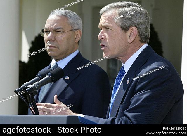 United States President George W. Bush makes an announcement in concerning his Middle East policy in the Rose Garden of the White House in Washington