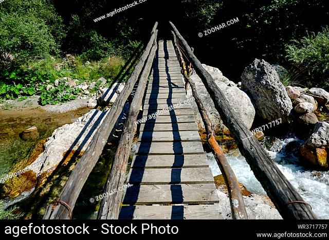 Wooden bridge path in National Park Tre Cime di Lavaredo Dolomites South Tyrol