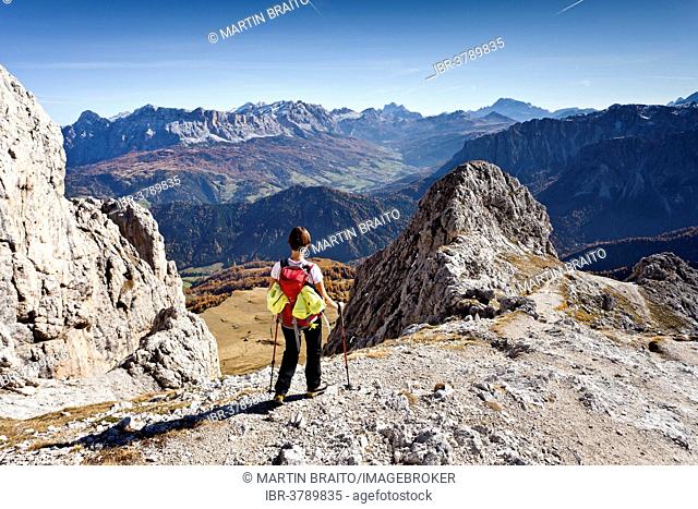 Mountain climber descending from Peitlerkofel Mountain in Puez-Geisler Nature Park, overlooking Val Badia valley, Heiligkreuzkofel Mountain and the Civetta...