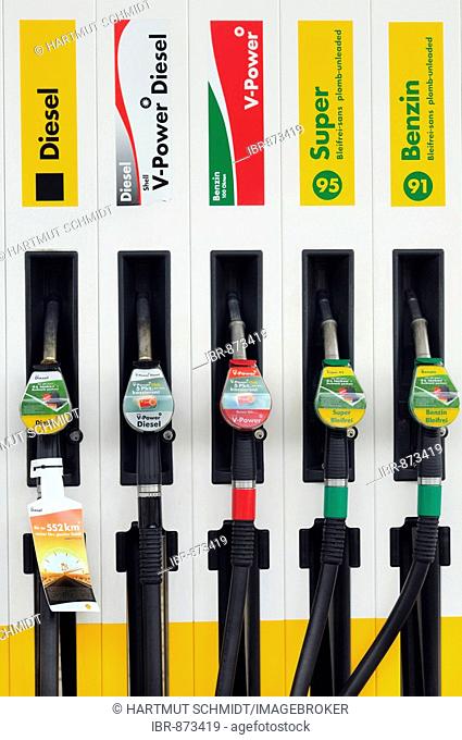 Petrol pump, nozzles of different types of petrol and diesel