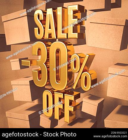 Gold 30 Percent Off Discount 3d Sign with Packaging Boxes Sale Banner Template, Special Offer 30% Off Discount Tag, Golden Sale Sticker, Gold Sale Symbol