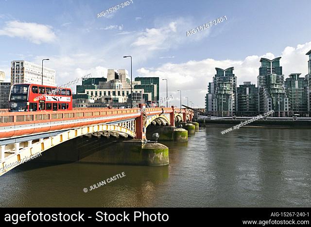 Thames river view of the Vauxhall Bridge, MI6 headquarters and St George Wharf, London