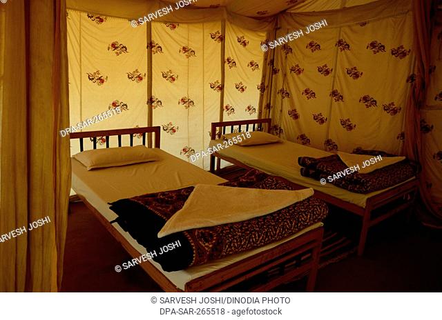 Interior of resort tent bedrooms, Khuri, Jaisalmer, Rajasthan, India, Asia
