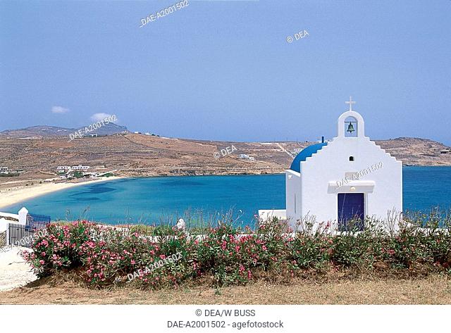 Greece - Southern Aegean - Cyclades Islands - Mykonos - Kalo Livadi. Chapel and beach
