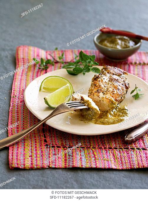 Barbecued chicken breast with Mexican salsa verde