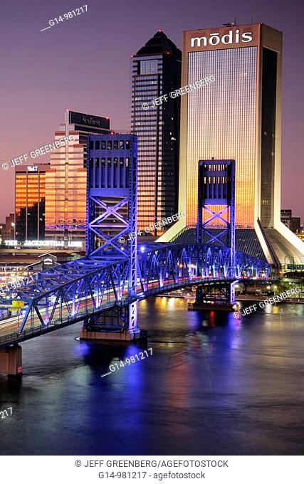 Florida, Jacksonville, Saint St  Johns River, John Alsop Bridge, Main Street Bridge, downtown, Jacksonville Landing, city skyline, Modis Building, skyscraper