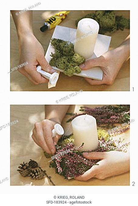 Making small Advent wreath with heather and white candle