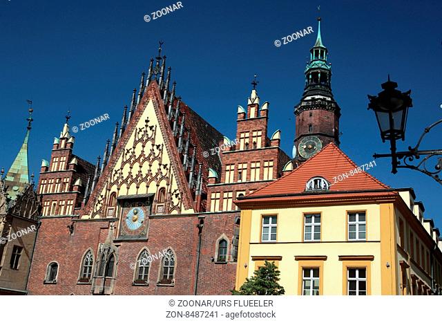 the Town Hall at the Stray Rynek square in the old town of Wroclaw in Poland in east Europe