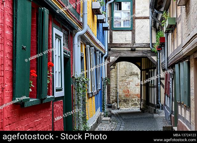 Germany, Saxony-Anhalt, Quedlinburg, narrow lane, colorful half-timbered houses in the historic old town