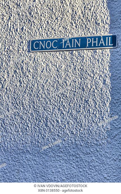 Street sign in Scottish Gaelic, Port Charlotte, Islay, Inner Hebrides, Argyll, Scotland, UK