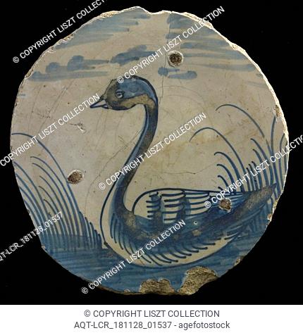 Fragment majolica dish, blue on white, swimming swan in landscape, plate dish crockery holder soil find ceramic earthenware enamel