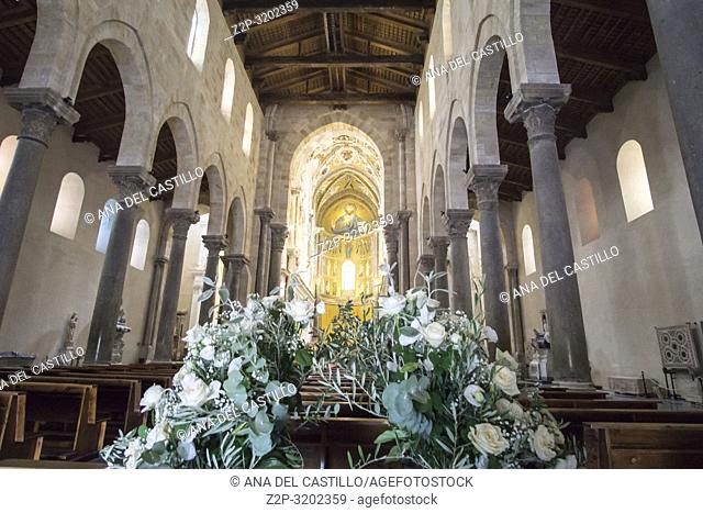 The cathedral basilica interior Cefalu townscape Sicily village on the sea Italy