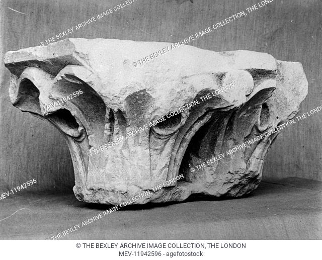 Lesness Abbey - Capital found, probably from Cloister, 1915. The archeological excavations of Lesnes Abbey carried out by the Works Committee of the Woolwich...