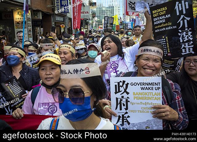 Migrant, domestic workers rally against brokerage fees and exploitation in Taipei, Taiwan on 10/12/2023 demanding government accountability and dignified...