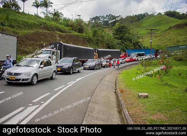 View of a line of trucks on the main connection waiting due to blockades between Dosquebradas and the cities of Medellin and Manizales as National truckers...