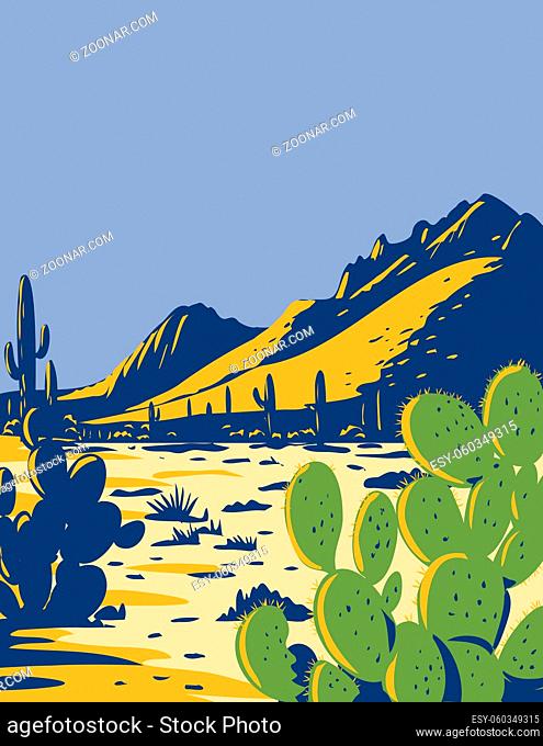 WPA poster art of prickly pear cactus or opuntia growing in Ironwood Forest National Monument located in the Sonoran Desert of Arizona done in works project...