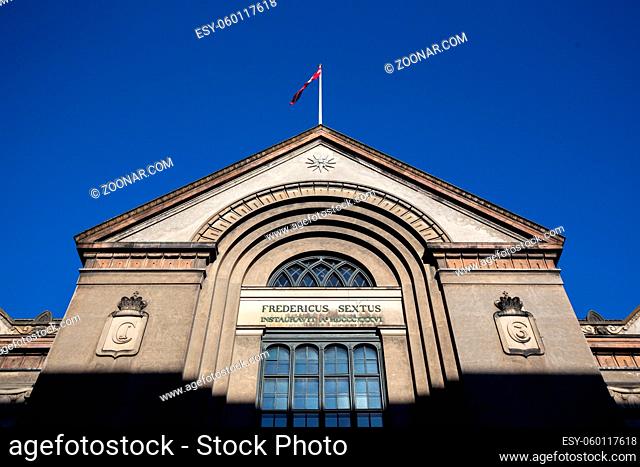 Copenhagen, Denmark - February 22, 2019: Low angel view of the facade of the University of Copenhagen