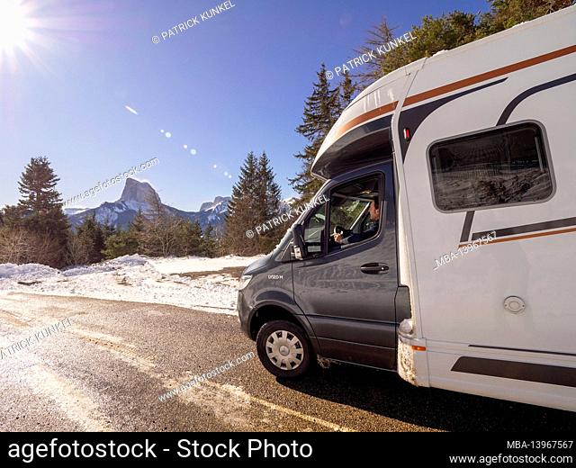 Winter camping with the motorhome. Gresse-en-Vercors, with Mont Aiguille in the background