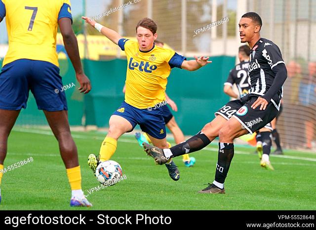 Union's Arnaud Dony and Angers' Yan Valery pictured during a football match between Union Saint Gilloise et Angers SCO at the winter training camp of Belgian...