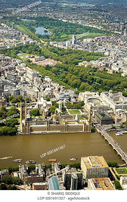 England, London, River Thames. Aerial view of some of the major London landmarks