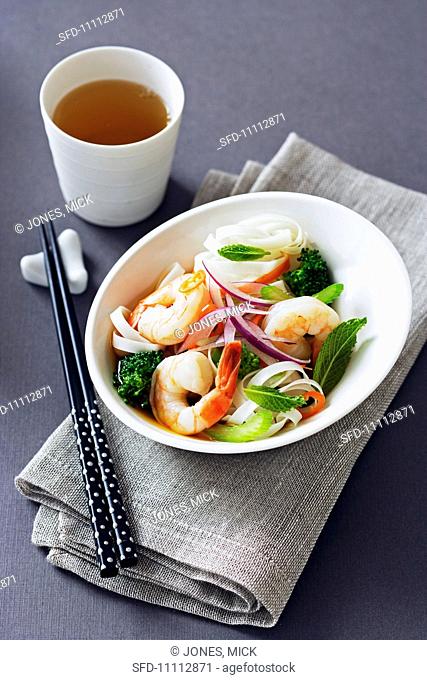 Shrimp and Vegetables Over Rice Noodles, Chopsticks