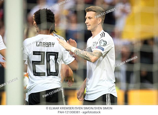 goalkeeper Serge GNABRY (left, GER) and Marco REUS (GER) are happy about the goal to make it 2-0 for Germany, jubilation, cheering, cheering, joy, cheers