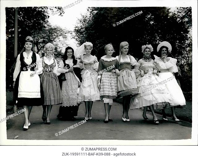 Nov. 11, 1959 - Miss world contestants visit house of commons. Contestants in next week's 'Miss World' contest, wearing National costumes