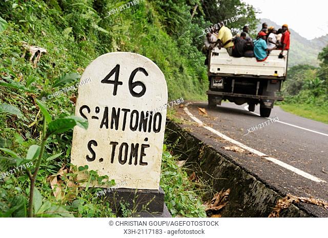 kilometre-marker on the road toward the south, Sao Tome Island, Republic of Sao Tome and Principe, Africa