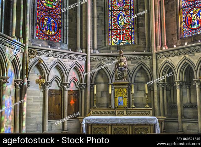 Mary Chapel Stained Glass Reflection Basilica Bayeux Cathedral Our Lady of Bayeux Church Bayeux Normandy France. Catholic church consecrated by King William the...
