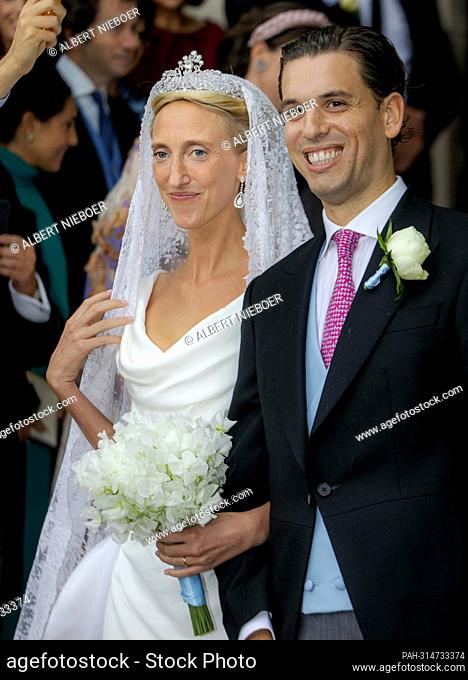 Princess Maria Laura of Belgium and William Isvy leave at the Sint-Michiels-en-Sint-Goedelekathedraal in Brussel, on September 10, 2022