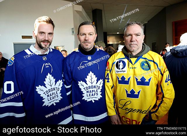 Former Toronto players Jonas Gustavsson and Per Gustafsson with Sweden's Mikael Lindman before the charity match ""Game for Borje""