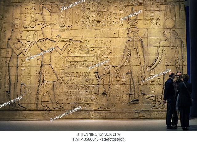 A replica of a wall fragment of the Hathor temple of Dendra in Egypt is shown at the exhibiton Cleopatra - The eternal diva' in the Art and exhibition hall of...