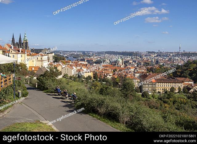 Prague panorama. Hospital of the Sisters of Charity of St. Charles Boromeo and in the background Prague Castle, St. Vitus Cathedral, St
