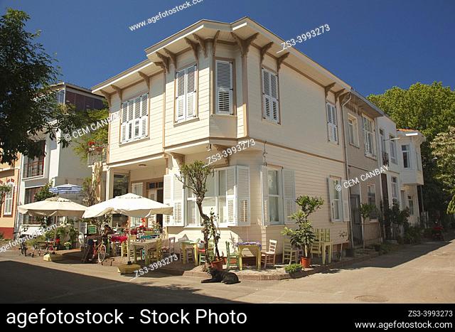 View to a traditional wooden house used as a hotel, restaurant and cafe in Büyükada, Buyukada-Prinkipos, the largest of the Princes' Islands, Marmara Sea