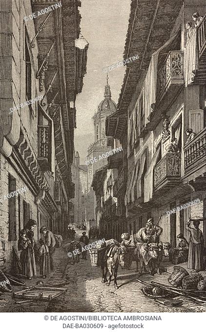 Main street in Fontarabia, Hondarribia, Basque Country, drawing by Eugene Grandsire (1825-1905), from Fontarabia (Spain), 1873, by E Doussault