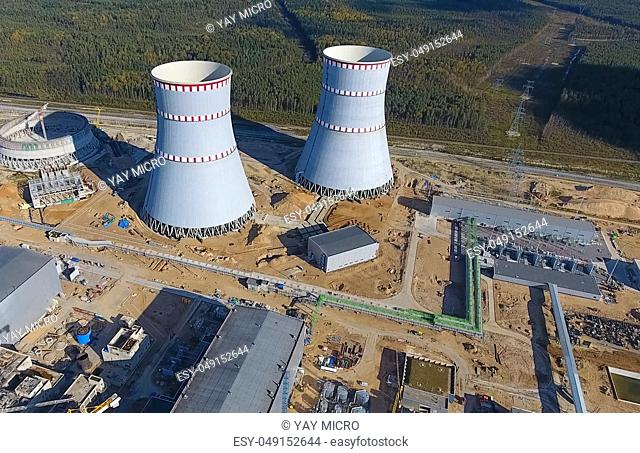 Aerial survey of a nuclear power plant under construction. Installation and construction of a power plant. Nuclear power