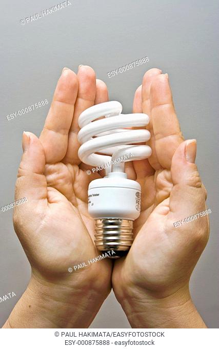 Two female hands presenting an environmental friendly and power saving fluorescent light bulb