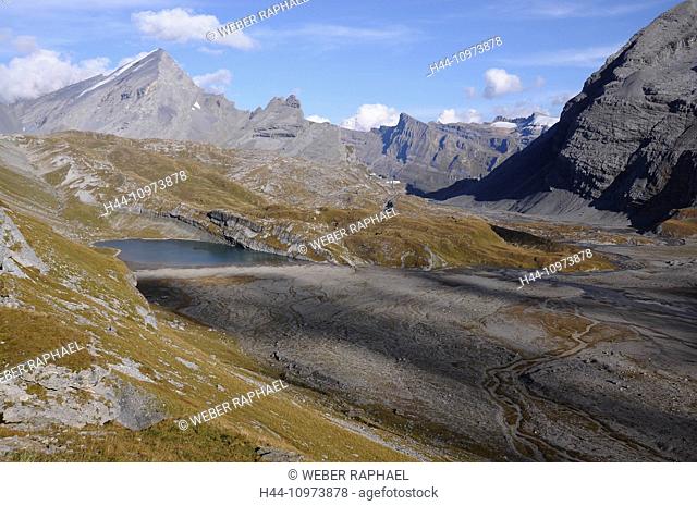 Switzerland, Europe, Valais, Leuk, Leukerboden, Lämmerenboden, Lämmerensee, flood plain, plain, meander, brook, river, flow, mountains, lake, cattle horn