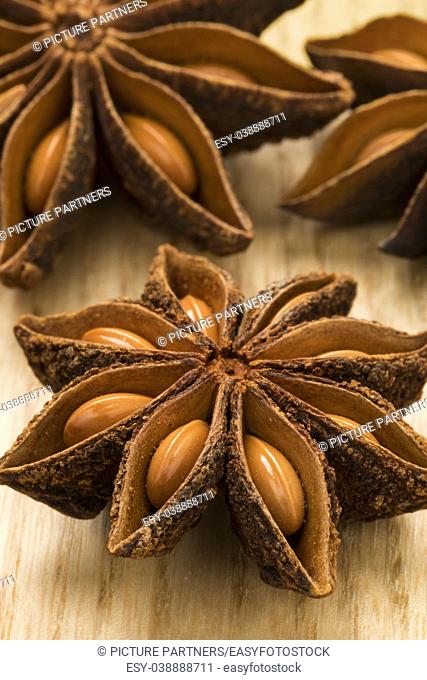 Star anise with seeds close up