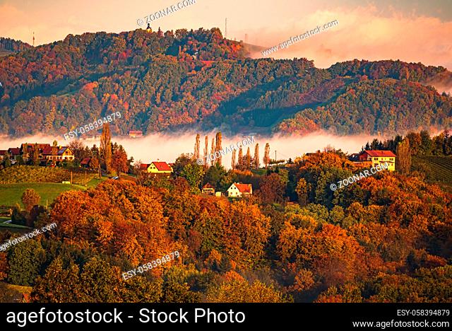 South styria vineyards landscape, Tuscany of Austria. Sunrise in autumn. Colorful trees and vieyard at top of hill with poplar trees