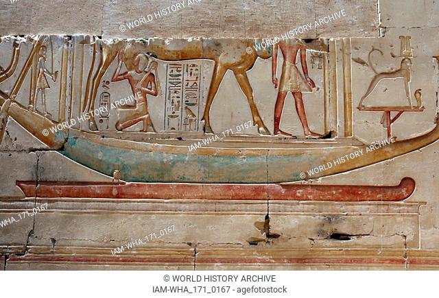 Abydos, one of the oldest cities of ancient Egypt; The sacred boat and goddess Hathor as Cow